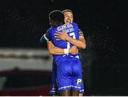 4 August 2023; Ronan Coughlan of Waterford, left, celebrates after scoring his side's third goal with teammate Serge Atakayi during the SSE Airtricity Men's First Division match between Waterford and Kerry at RSC in Waterford. Photo by Michael P Ryan/Sportsfile