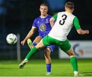4 August 2023; Niall O'Keeffe of Waterford in action against Sean O'Connell of Kerry FC during the SSE Airtricity Men's First Division match between Waterford and Kerry at RSC in Waterford. Photo by Michael P Ryan/Sportsfile