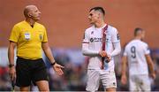 4 August 2023; Evan Weir of Drogheda United remonstrate with assistant referee Emmett Dynan after being sent off during the SSE Airtricity Men's Premier Division match between Bohemians and Drogheda United at Dalymount Park in Dublin. Photo by Seb Daly/Sportsfile