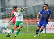 4 August 2023; Cian Barrett of Kerry FC in action against Ronan Coughlan of Waterford during the SSE Airtricity Men's First Division match between Waterford and Kerry at RSC in Waterford. Photo by Michael P Ryan/Sportsfile
