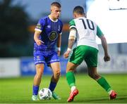 4 August 2023; Niall O'Keeffe of Waterford in action against Leo Gaxha of Kerry FC during the SSE Airtricity Men's First Division match between Waterford and Kerry at RSC in Waterford. Photo by Michael P Ryan/Sportsfile