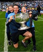 30 July 2023; Dublin selector Brian O'Regan, with sons Luke, left, and Oisìn, right, and the Sam Maguire Cup after the GAA Football All-Ireland Senior Championship final match between Dublin and Kerry at Croke Park in Dublin. Photo by Ramsey Cardy/Sportsfile