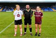 5 August 2023; Referee Seamus Mulvihill with team captains Eimear Glancy of Kildare and Aoibhinn Eilian of Galway before the ZuCar All-Ireland Ladies Football U18 A final match between Galway and Kildare at Glennon Brothers Pearse Park in Longford. Photo by Ben McShane/Sportsfile