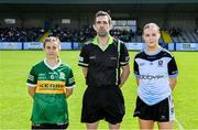 5 August 2023; Referee Gavin Finnegan with team captains Róisín Rahilly of Kerry and Laura Foley of Sligo before the ZuCar All-Ireland Ladies Football U18 B final match between Kerry and Sligo at MacDonagh Park in Nenagh, Tipperary. Photo by Seb Daly/Sportsfile