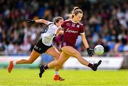 5 August 2023; Niamh Divilly of Galway in action against Julie Brannigan of Kildare during the ZuCar All-Ireland Ladies Football U18 A final match between Galway and Kildare at Glennon Brothers Pearse Park in Longford. Photo by Ben McShane/Sportsfile