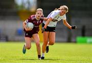 5 August 2023; Katie Slattery of Galway is tackled by Sarah McGovern of Kildare during the ZuCar All-Ireland Ladies Football U18 A final match between Galway and Kildare at Glennon Brothers Pearse Park in Longford. Photo by Ben McShane/Sportsfile