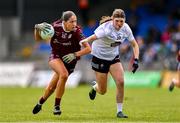 5 August 2023; Kate Thompson of Galway in action against Heidi Lyons of Kildare during the ZuCar All-Ireland Ladies Football U18 A final match between Galway and Kildare at Glennon Brothers Pearse Park in Longford. Photo by Ben McShane/Sportsfile