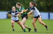 5 August 2023; Kelly Enright of Kerry in action against Sligo players Blaithin Lavin, left, and Isabella Henry during the ZuCar All-Ireland Ladies Football U18 B final match between Kerry and Sligo at MacDonagh Park in Nenagh, Tipperary. Photo by Seb Daly/Sportsfile
