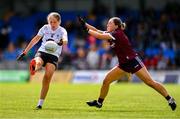 5 August 2023; Sarah McGovern of Kildare in action against Aoibhinn Eilian of Galway during the ZuCar All-Ireland Ladies Football U18 A final match between Galway and Kildare at Glennon Brothers Pearse Park in Longford. Photo by Ben McShane/Sportsfile