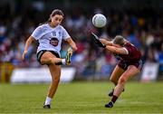 5 August 2023; Niamh Farrelly of Kildare in action against Emily Brogan of Galway during the ZuCar All-Ireland Ladies Football U18 A final match between Galway and Kildare at Glennon Brothers Pearse Park in Longford. Photo by Ben McShane/Sportsfile