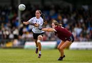 5 August 2023; Abi Whelan of Kildare in action against Emily Brogan of Galway during the ZuCar All-Ireland Ladies Football U18 A final match between Galway and Kildare at Glennon Brothers Pearse Park in Longford. Photo by Ben McShane/Sportsfile