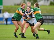 5 August 2023; Blaithin Lavin of Sligo in action against Kerry players Orlaith McKenna, left, and Kelly Enright of Kerry during the ZuCar All-Ireland Ladies Football U18 B final match between Kerry and Sligo at MacDonagh Park in Nenagh, Tipperary. Photo by Seb Daly/Sportsfile