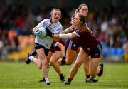5 August 2023; Edwina Birchall of Kildare in action against Maryanne Jordan of Galway during the ZuCar All-Ireland Ladies Football U18 A final match between Galway and Kildare at Glennon Brothers Pearse Park in Longford. Photo by Ben McShane/Sportsfile
