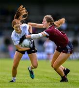 5 August 2023; Alannah Prizeman of Kildare in action against Maryanne Jordan of Galway during the ZuCar All-Ireland Ladies Football U18 A final match between Galway and Kildare at Glennon Brothers Pearse Park in Longford. Photo by Ben McShane/Sportsfile