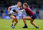 5 August 2023; Alannah Prizeman of Kildare in action against Maryanne Jordan of Galway during the ZuCar All-Ireland Ladies Football U18 A final match between Galway and Kildare at Glennon Brothers Pearse Park in Longford. Photo by Ben McShane/Sportsfile