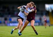 5 August 2023; Alannah Prizeman of Kildare in action against Maryanne Jordan of Galway during the ZuCar All-Ireland Ladies Football U18 A final match between Galway and Kildare at Glennon Brothers Pearse Park in Longford. Photo by Ben McShane/Sportsfile