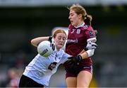 5 August 2023; Alannah Prizeman of Kildare in action against Maryanne Jordan of Galway during the ZuCar All-Ireland Ladies Football U18 A final match between Galway and Kildare at Glennon Brothers Pearse Park in Longford. Photo by Ben McShane/Sportsfile