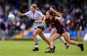 5 August 2023; Abaigh Cahill of Kildare in action against Niamh Divilly of Galway during the ZuCar All-Ireland Ladies Football U18 A final match between Galway and Kildare at Glennon Brothers Pearse Park in Longford. Photo by Ben McShane/Sportsfile