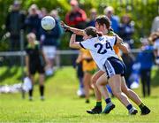 5 August 2023; Ava Connolly of Waterford in action against Ellie Ward of Donegal during the ZuCar All-Ireland Ladies Football U18 C final match between Donegal and Waterford at Kinnegad in Westmeath. Photo by Piaras Ó Mídheach/Sportsfile