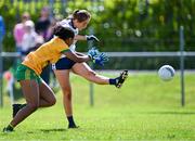 5 August 2023; Aoibhe Shankey of Waterford in action against Abigail Temple Asokuh of Donegal during the ZuCar All-Ireland Ladies Football U18 C final match between Donegal and Waterford at Kinnegad in Westmeath. Photo by Piaras Ó Mídheach/Sportsfile