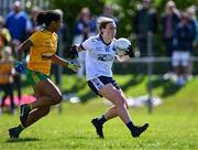 5 August 2023; Kaci Brazil of Waterford in action against Abigail Temple Asokuh of Donegal during the ZuCar All-Ireland Ladies Football U18 C final match between Donegal and Waterford at Kinnegad in Westmeath. Photo by Piaras Ó Mídheach/Sportsfile