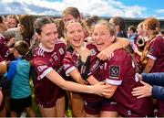 5 August 2023; Galway players, from left, Éabha Baird, Lauren O'Donnell and Roisín Reddington celebrate after the ZuCar All-Ireland Ladies Football U18 A final match between Galway and Kildare at Glennon Brothers Pearse Park in Longford. Photo by Ben McShane/Sportsfile