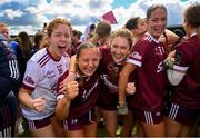 5 August 2023; Galway players, from left, Alenah Keohane, Neasa Daly, Rachel Kelly and Kate Thompson celebrate after the ZuCar All-Ireland Ladies Football U18 A final match between Galway and Kildare at Glennon Brothers Pearse Park in Longford. Photo by Ben McShane/Sportsfile