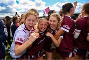 5 August 2023; Galway players, from left, Alenah Keohane, Neasa Daly and Rachel Kelly celebrate after the ZuCar All-Ireland Ladies Football U18 A final match between Galway and Kildare at Glennon Brothers Pearse Park in Longford. Photo by Ben McShane/Sportsfile