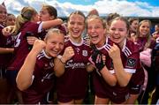 5 August 2023; Galway players, from left, Neasa Daly, Roisín Reddington, Lauren O'Donnell and Emily Brogan celebrate after the ZuCar All-Ireland Ladies Football U18 A final match between Galway and Kildare at Glennon Brothers Pearse Park in Longford. Photo by Ben McShane/Sportsfile