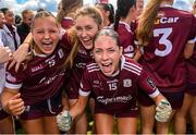 5 August 2023; Galway players, from left, Neasa Daly, Shíofra Ní Scanláin and Kate Thompson celebrate after the ZuCar All-Ireland Ladies Football U18 A final match between Galway and Kildare at Glennon Brothers Pearse Park in Longford. Photo by Ben McShane/Sportsfile