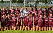 5 August 2023; Galway captain Aoibhinn Eilian lifts the cup after the ZuCar All-Ireland Ladies Football U18 A final match between Galway and Kildare at Glennon Brothers Pearse Park in Longford. Photo by Ben McShane/Sportsfile