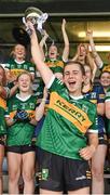 5 August 2023; Kerry captain Roisín Rahilly lifts the cup after her side's victory in the 2023 ZuCar All-Ireland U18 B Final between Kerry and Sligo at MacDonagh Park in Nenagh, Tipperary. Photo by Seb Daly/Sportsfile