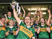 5 August 2023; Kerry captain Roisín Rahilly lifts the cup after her side's victory in the 2023 ZuCar All-Ireland U18 B Final between Kerry and Sligo at MacDonagh Park in Nenagh, Tipperary. Photo by Seb Daly/Sportsfile