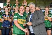 5 August 2023; Leah McMahon of Kerry receives the Player of the Match award from Robbie Smyth, Munster LGFA President and LGFA Vice-President, following the ZuCar All-Ireland Ladies Football U18 B final match between Kerry and Sligo at MacDonagh Park in Nenagh, Tipperary. Photo by Seb Daly/Sportsfile