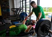 5 August 2023; Niamh Buckley with assistant coach Tadhg Buckley  during the final Irish Para Powerlifting World Championship team training session at the MTU Kerry Sports Academy in Tralee, Kerry. An Irish team of 7 athletes will compete in the upcoming World Para Powerlifting Championships, being held in Dubai, United Aab Emirates, from the 23rd to the 30th August. Among the squad, high performance athletes Britney Arendse and Niamh Buckley will also be attempting to achieve qualification for the 2024 Paralympic Games in Paris, France. Photo by Brendan Moran/Sportsfile