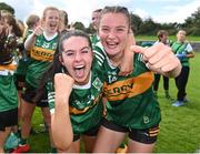5 August 2023; Kerry players Andrea Murphy, left, and Julia Curtin celebrate after their side's victory in the ZuCar All-Ireland Ladies Football U18 B final match between Kerry and Sligo at MacDonagh Park in Nenagh, Tipperary. Photo by Seb Daly/Sportsfile
