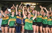 5 August 2023; Kerry players celebrate after their side's victory in the ZuCar All-Ireland Ladies Football U18 B final match between Kerry and Sligo at MacDonagh Park in Nenagh, Tipperary. Photo by Seb Daly/Sportsfile