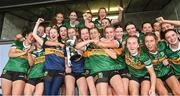 5 August 2023; Kerry players celebrate after their side's victory in the ZuCar All-Ireland Ladies Football U18 B final match between Kerry and Sligo at MacDonagh Park in Nenagh, Tipperary. Photo by Seb Daly/Sportsfile