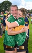 5 August 2023; Kerry players Julia Curtin, left, and Orla Fitzgerald celebrate after their side's victory in the ZuCar All-Ireland Ladies Football U18 B final match between Kerry and Sligo at MacDonagh Park in Nenagh, Tipperary. Photo by Seb Daly/Sportsfile