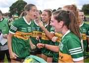 5 August 2023; Jessica Gill of Kerry, left, celebrates with teammates after their side's victory in the ZuCar All-Ireland Ladies Football U18 B final match between Kerry and Sligo at MacDonagh Park in Nenagh, Tipperary. Photo by Seb Daly/Sportsfile