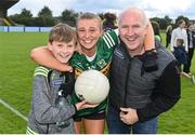 5 August 2023; Keelin Enright of Kerry celebrates with supporters after their side's victory in the ZuCar All-Ireland Ladies Football U18 B final match between Kerry and Sligo at MacDonagh Park in Nenagh, Tipperary. Photo by Seb Daly/Sportsfile