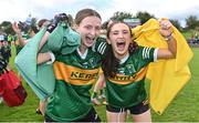 5 August 2023; Kerry players Kelly Enright, left, and Orla Clifford celebrate after their side's victory in the ZuCar All-Ireland Ladies Football U18 B final match between Kerry and Sligo at MacDonagh Park in Nenagh, Tipperary. Photo by Seb Daly/Sportsfile