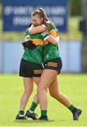 5 August 2023; Kerry players Keelin Enright, right, and Róisín Rahilly celebrate after their side's victory in the ZuCar All-Ireland Ladies Football U18 B final match between Kerry and Sligo at MacDonagh Park in Nenagh, Tipperary. Photo by Seb Daly/Sportsfile
