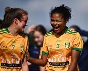 5 August 2023; Donegal players Niamh Harkin, 7, and Abigail Temple Asokuh celebrate after their side's victory in the ZuCar All-Ireland Ladies Football U18 C final match between Donegal and Waterford at Kinnegad in Westmeath. Photo by Piaras Ó Mídheach/Sportsfile