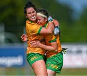5 August 2023; Mia Bennett, left, and Abbie McGranaghan of Donegal celebrates after their side's victory in the ZuCar All-Ireland Ladies Football U18 C final match between Donegal and Waterford at Kinnegad in Westmeath. Photo by Piaras Ó Mídheach/Sportsfile