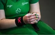 5 August 2023; The painted nails of Casey Fitzgerald during the final Irish Para Powerlifting World Championship team training session at the MTU Kerry Sports Academy in Tralee, Kerry. An Irish team of 7 athletes will compete in the upcoming World Para Powerlifting Championships, being held in Dubai, United Aab Emirates, from the 23rd to the 30th August. Among the squad, high performance athletes Britney Arendse and Niamh Buckley will also be attempting to achieve qualification for the 2024 Paralympic Games in Paris, France. Photo by Brendan Moran/Sportsfile
