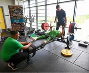 5 August 2023; Britney Arendse with assistant coaches Denver Arendse and Tadhg Buckleyduring the final Irish Para Powerlifting World Championship team training session at the MTU Kerry Sports Academy in Tralee, Kerry. An Irish team of 7 athletes will compete in the upcoming World Para Powerlifting Championships, being held in Dubai, United Aab Emirates, from the 23rd to the 30th August. Among the squad, high performance athletes Britney Arendse and Niamh Buckley will also be attempting to achieve qualification for the 2024 Paralympic Games in Paris, France. Photo by Brendan Moran/Sportsfile