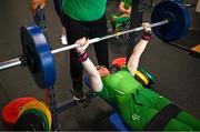 5 August 2023; Casey Fitzgerald during the final Irish Para Powerlifting World Championship team training session at the MTU Kerry Sports Academy in Tralee, Kerry. An Irish team of 7 athletes will compete in the upcoming World Para Powerlifting Championships, being held in Dubai, United Aab Emirates, from the 23rd to the 30th August. Among the squad, high performance athletes Britney Arendse and Niamh Buckley will also be attempting to achieve qualification for the 2024 Paralympic Games in Paris, France. Photo by Brendan Moran/Sportsfile