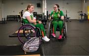 5 August 2023; Nicola Dore, left, and Casey Fitzgerald during the final Irish Para Powerlifting World Championship team training session at the MTU Kerry Sports Academy in Tralee, Kerry. An Irish team of 7 athletes will compete in the upcoming World Para Powerlifting Championships, being held in Dubai, United Aab Emirates, from the 23rd to the 30th August. Among the squad, high performance athletes Britney Arendse and Niamh Buckley will also be attempting to achieve qualification for the 2024 Paralympic Games in Paris, France. Photo by Brendan Moran/Sportsfile