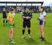5 August 2023; Referee David Hurson with team captains Niamh Harkin of Donegal and Aoibhe Shankey of Waterford before the ZuCar All-Ireland Ladies Football U18 C final match between Donegal and Waterford at Kinnegad in Westmeath. Photo by Piaras Ó Mídheach/Sportsfile